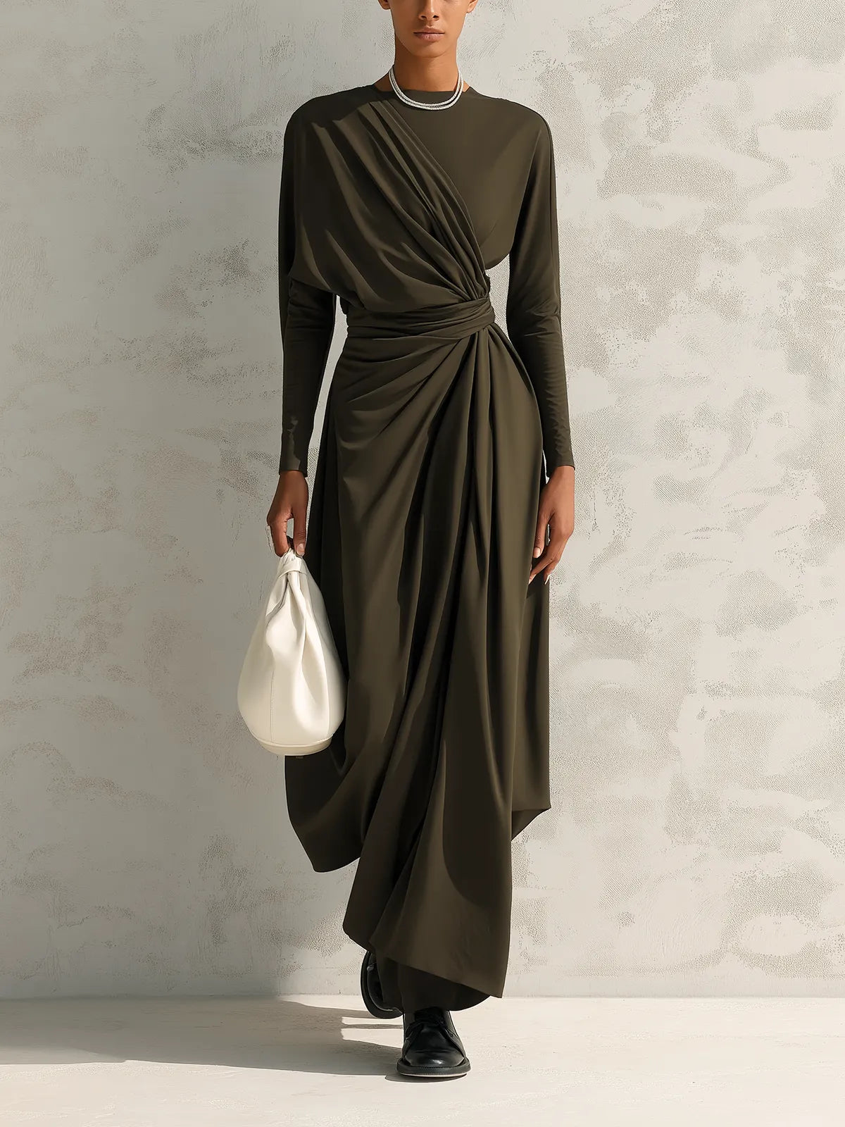 Olive Green Draped Asymmetrical Maxi Dress