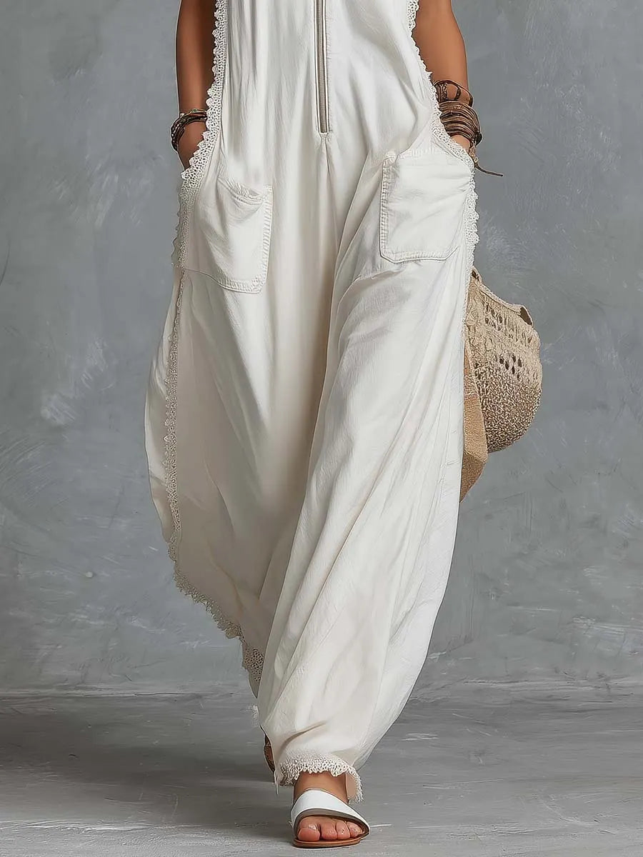 Vintage Casual Western Hooded V-neck Front Zip Lace Trim White Cotton Jumpsuit