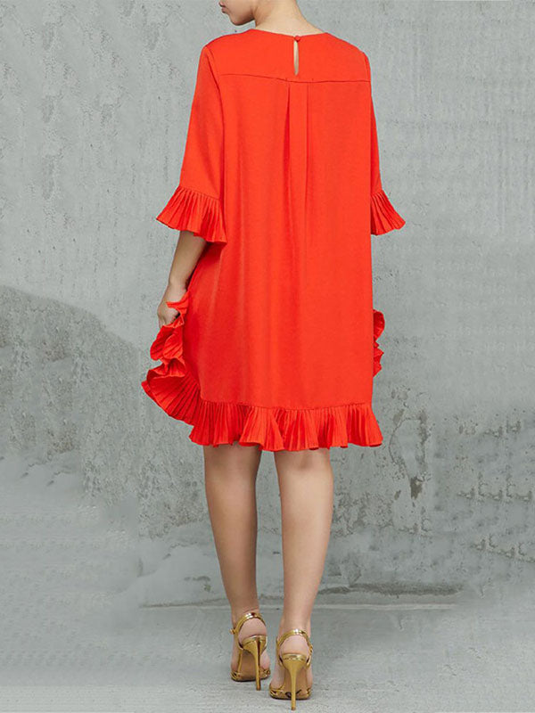 Half Sleeves Loose Falbala Solid Color Round-Neck Midi Dresses Short Dresses