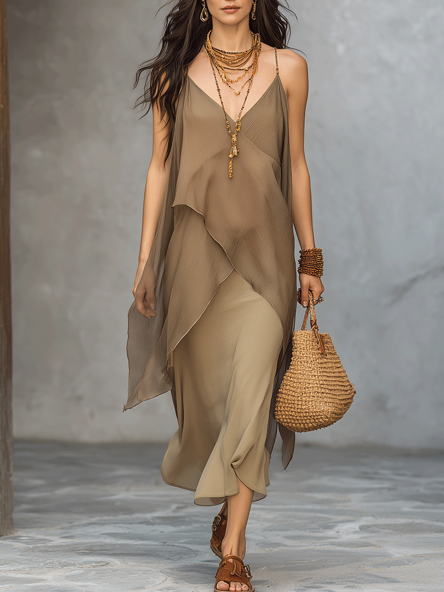 Khaki Irregular Layered Spaghetti-Strap Dress