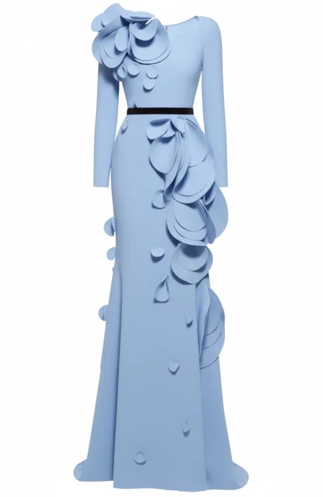 Long Sleeve Petal Detail Maxi Dress Blue