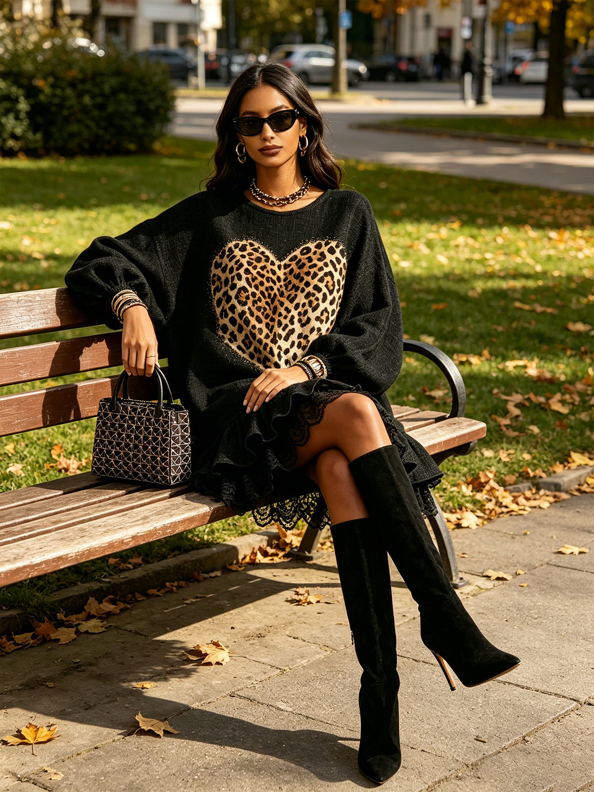 Black Leopard Heart Lace Trim Mini Dress
