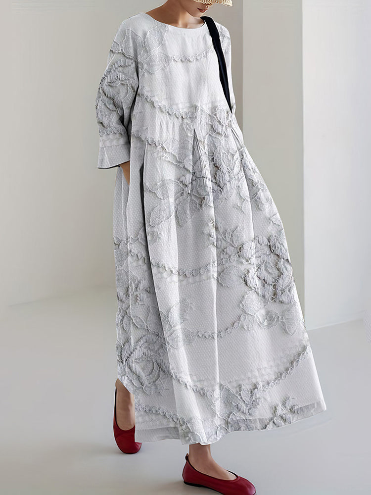 Floral Lace Embroidery Print Long Sleeve Casual Midi Dress
