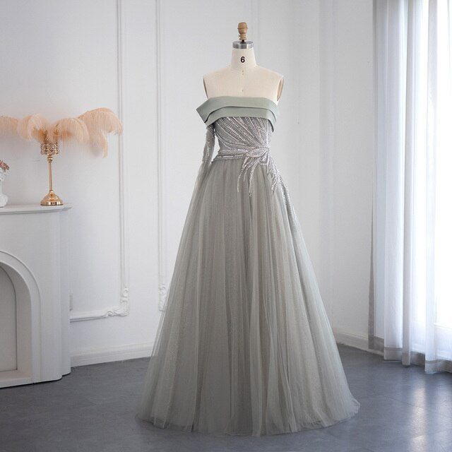 Dreamy Vow Olive Green Luxury Dubai Evening Dress with One Sleeve Beaded Arabic Women Formal Party Dresses for Wedding 330