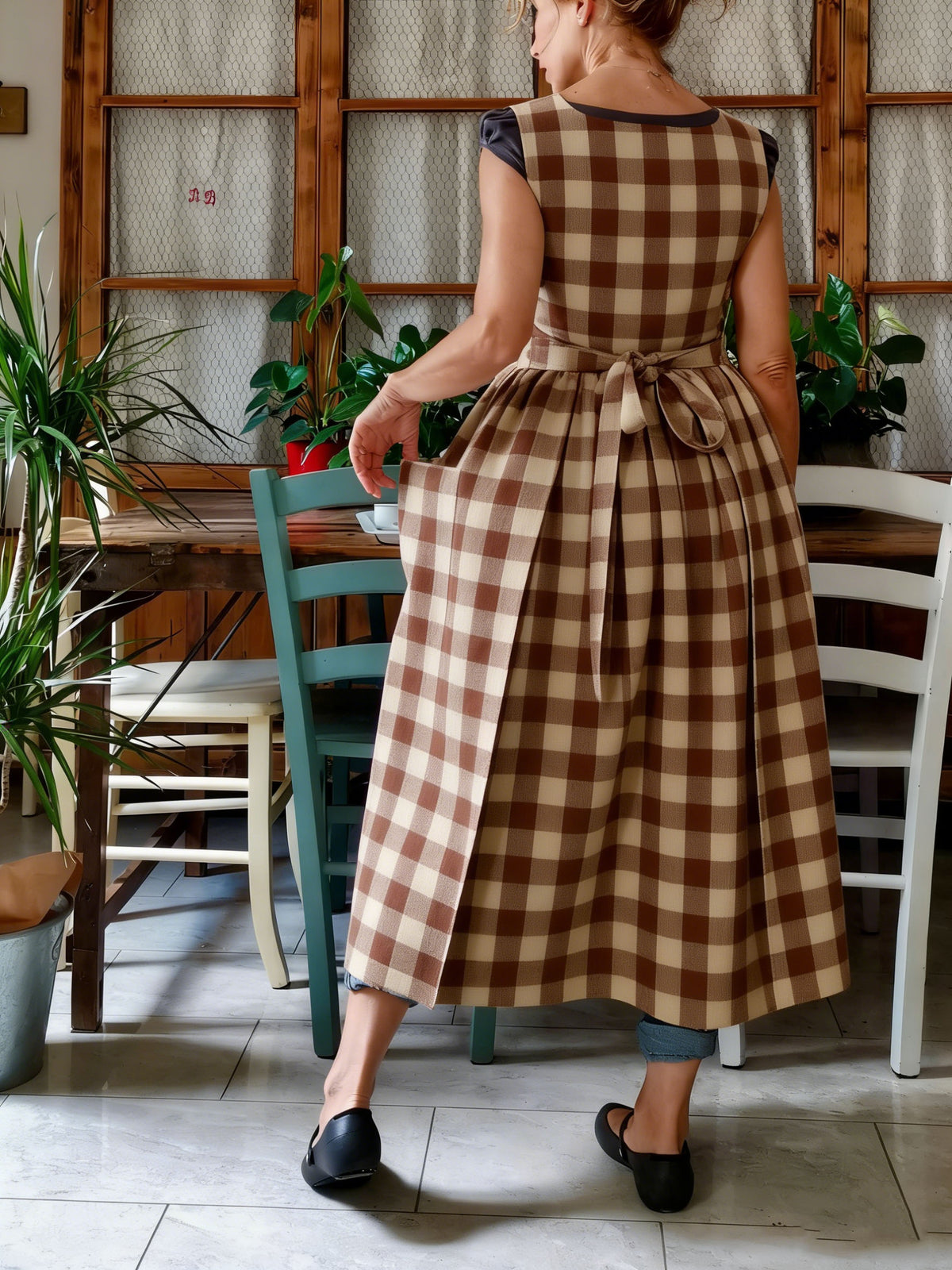Warm Brown & Cream Gingham Apron