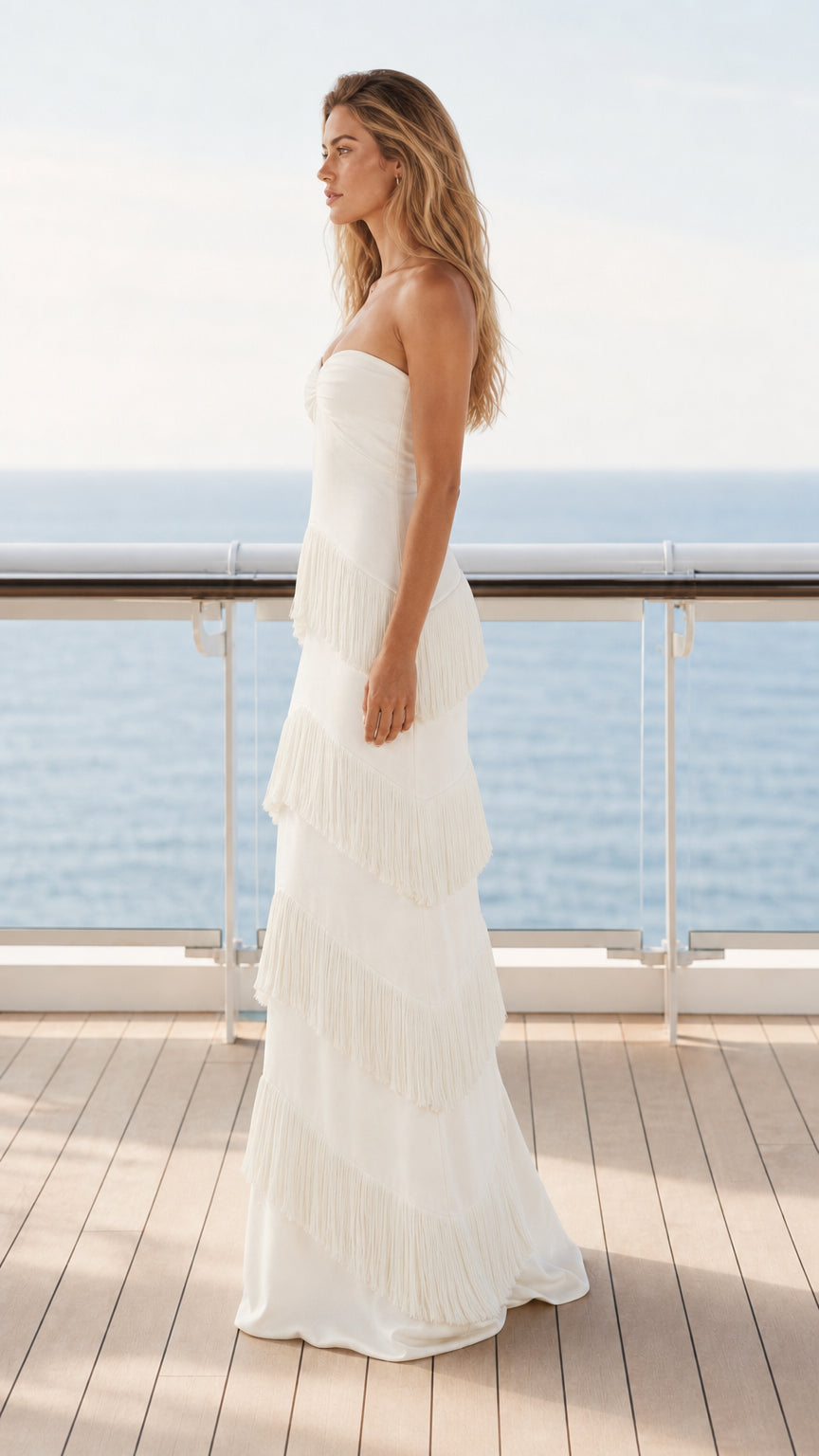 Strapless Sweetheart Tiered Fringe Maxi Dress