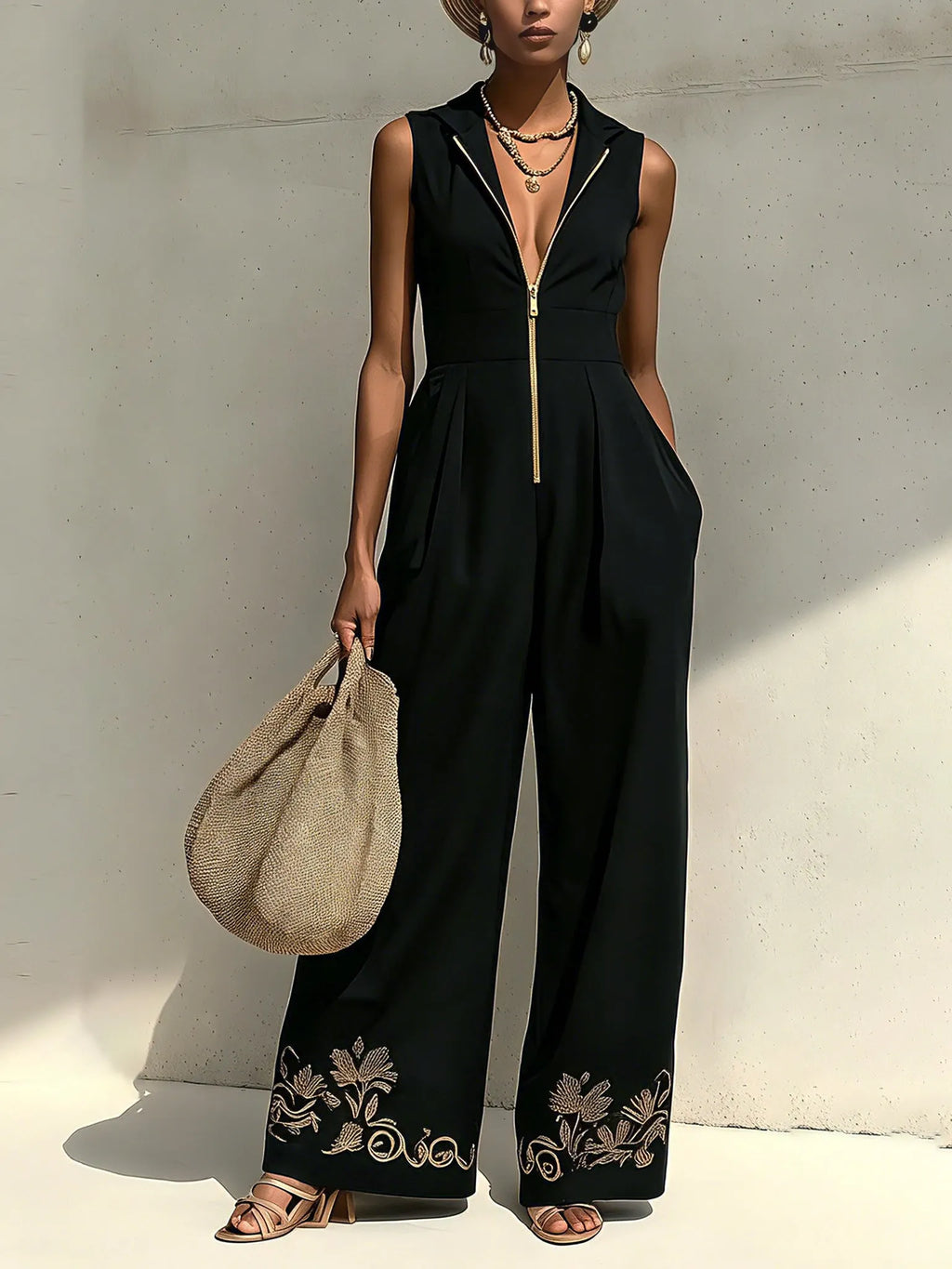 Black  Half Zip Gold Embroidered Jumpsuit