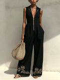 Black  Half Zip Gold Embroidered Jumpsuit