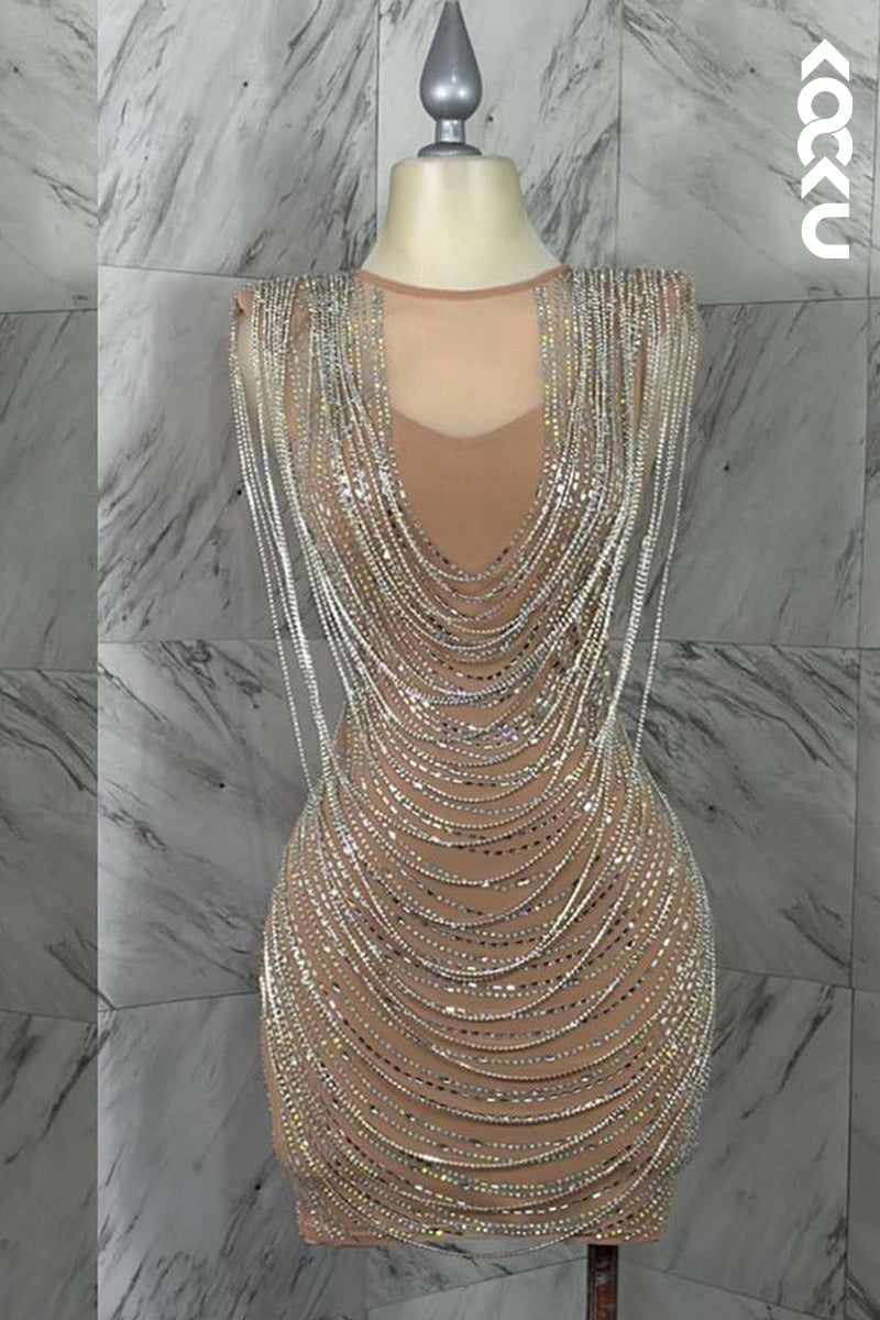 H5268 - Sexy Scoop Sleeveless Beaded Sheath Mini Homecoming Dress