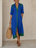 Women's Minimalist Color-Block Single-Breasted Long-Sleeve Midi Shirt Dress MDZ0899G3WY