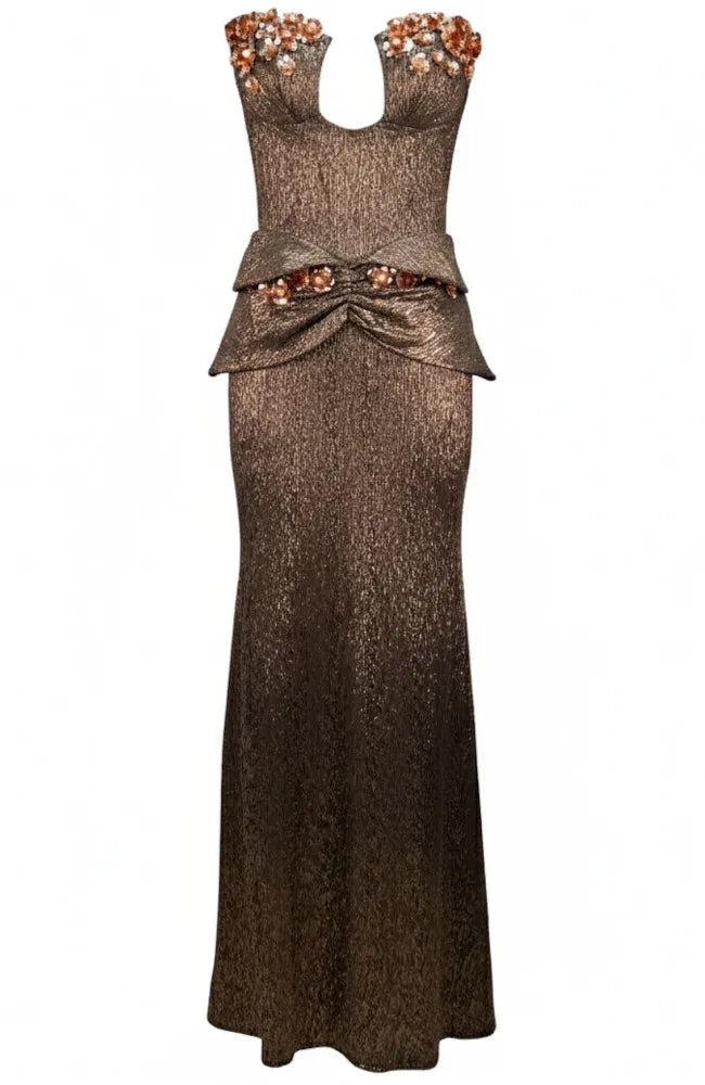 Strapless Floral Maxi Dress Brown