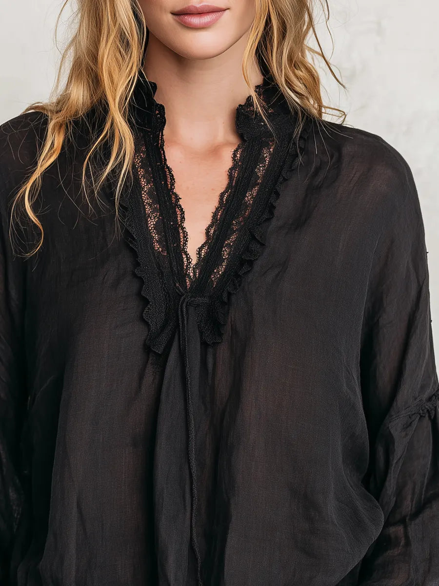Bohemian Black Lace Tie-front Shirt