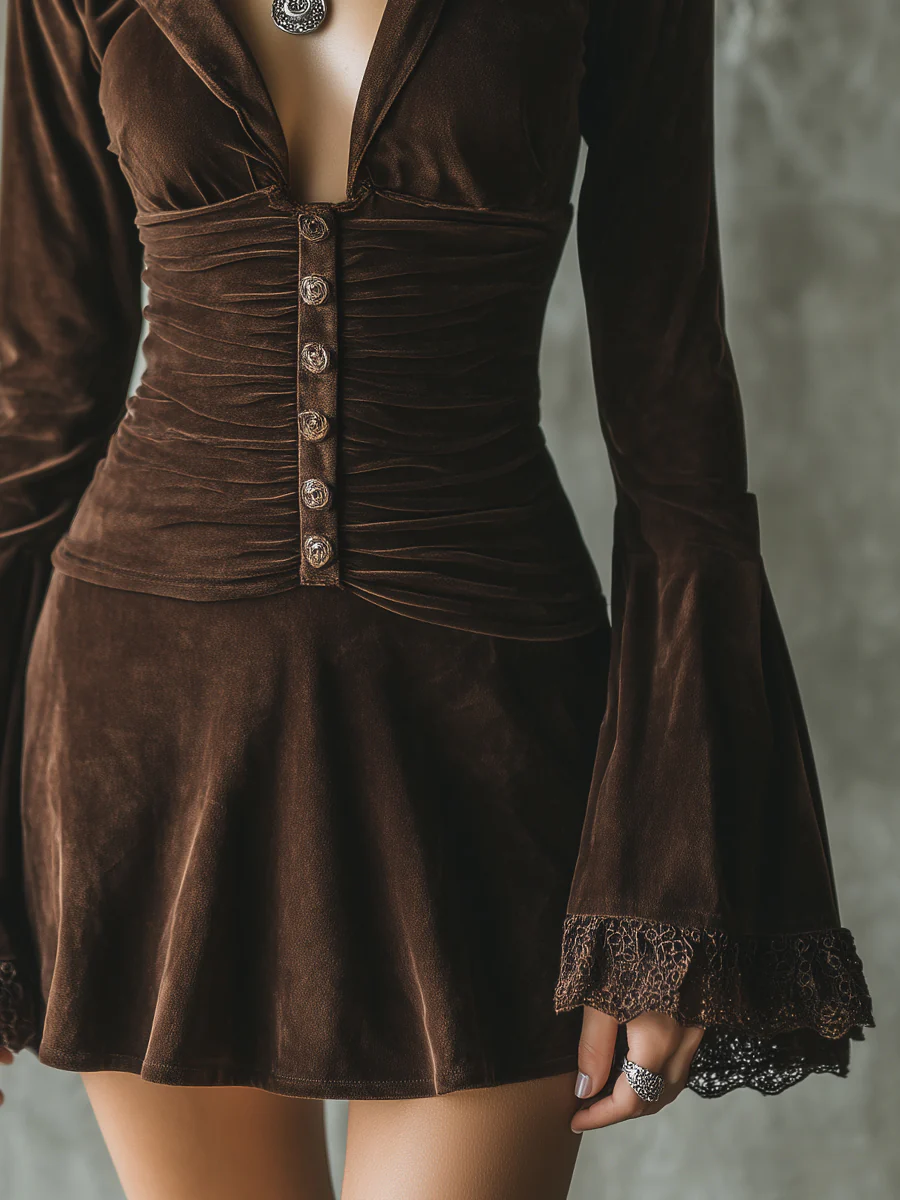 Dark Brown Velvet Button-down Lace Bell Sleeve Pleated Mini Dress