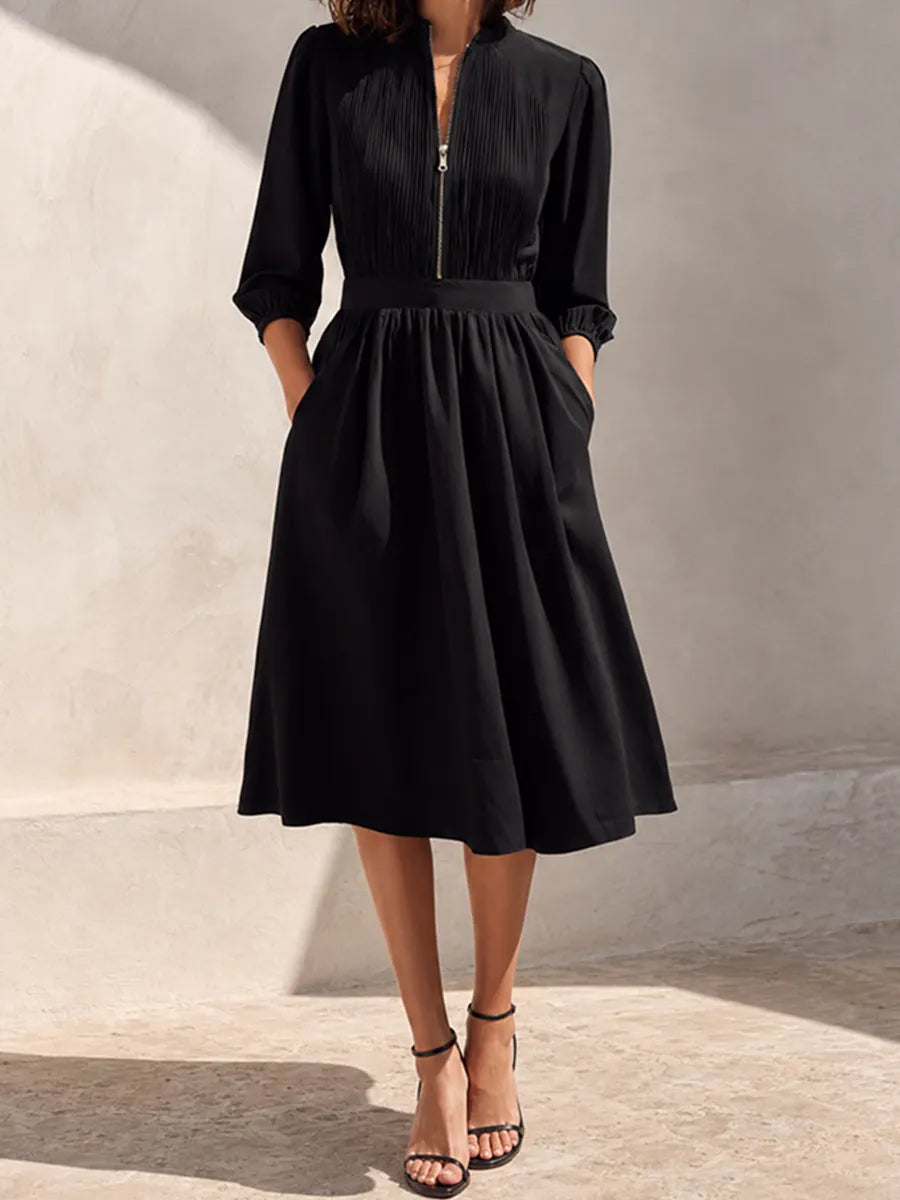 Women's Elegant Workwear Black Stand-Collar Zip-Front Pleated Bishop-Sleeve Cinched-Waist Midi Dress MDZ1567G4CMX