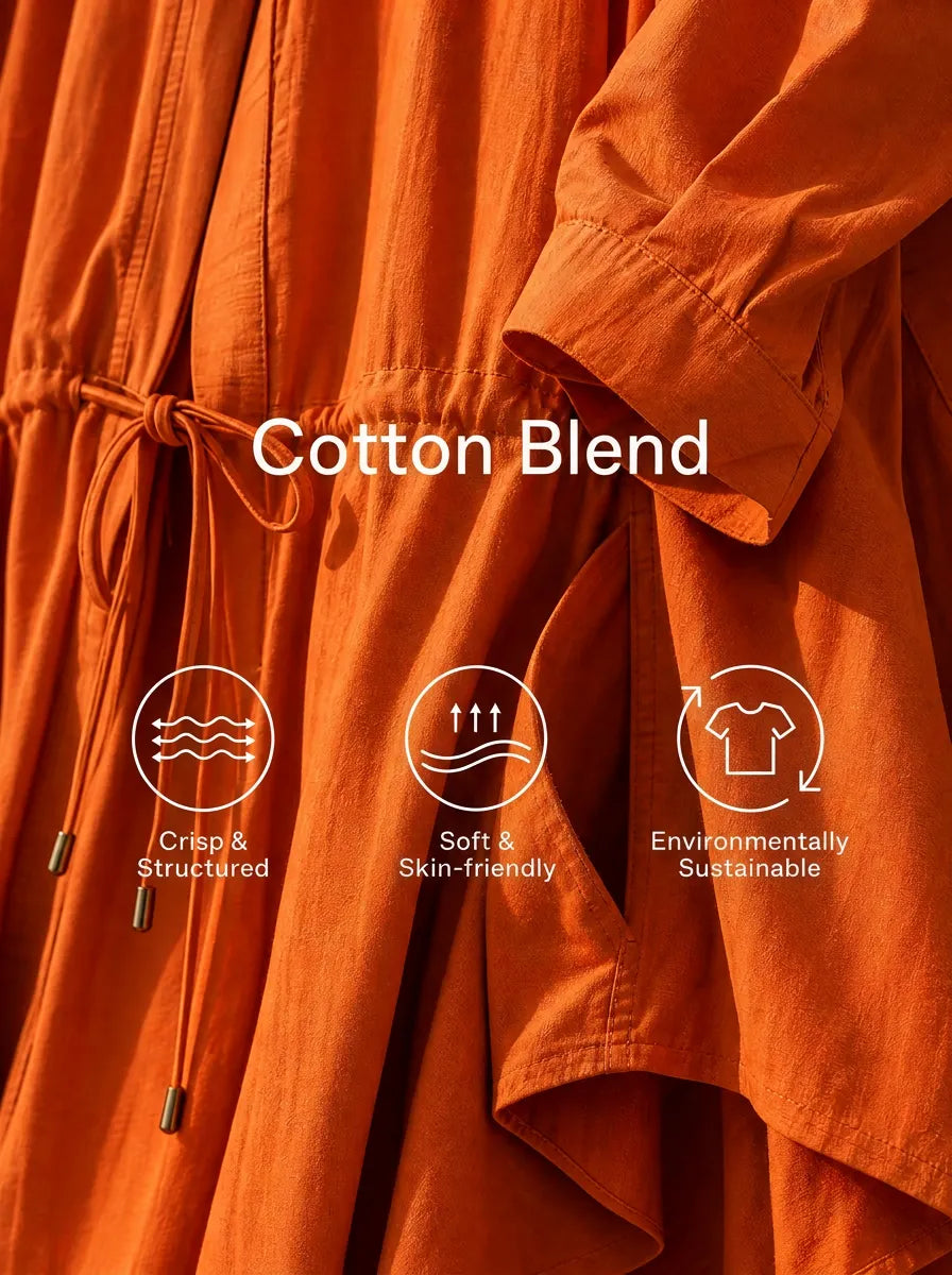 Women's Vacation Casual Orange Cotton Blend Lapel Drawstring Waist Irregular Midi Dress MDZ1019G8GMJ
