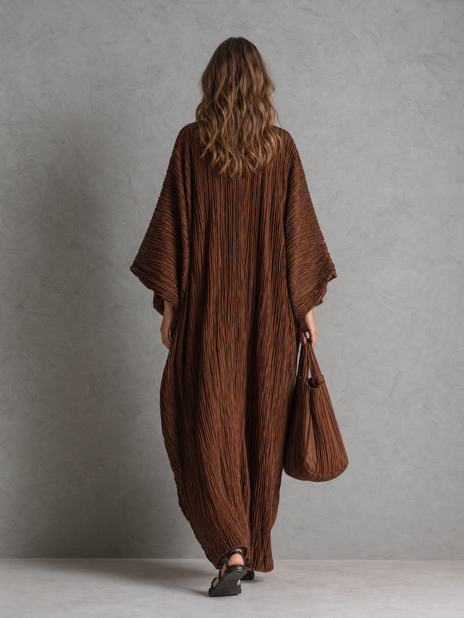 Women's Casual Brown Woven Pleated V-Neck Batwing-Sleeve Loose Maxi Dress MDZ0700G8LXY