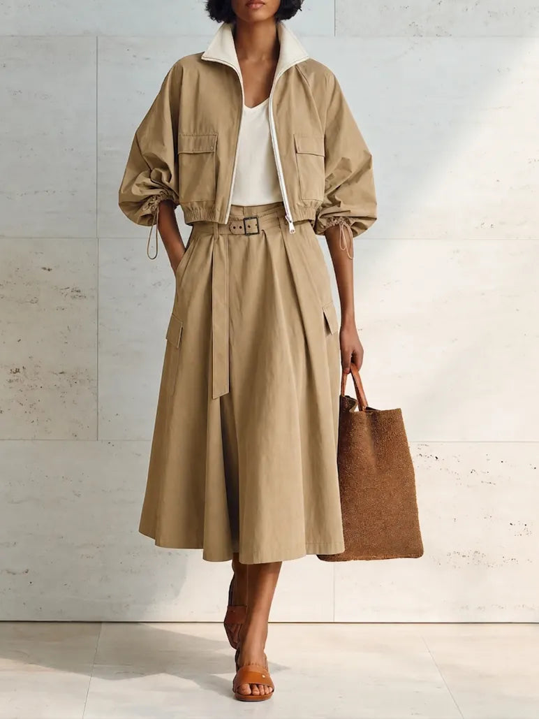 Women's Modern Khaki Cotton Blend Utility Cropped Jacket And Belted A-Line Midi Skirt Two-Piece Set MDZ1706G0ZSQ