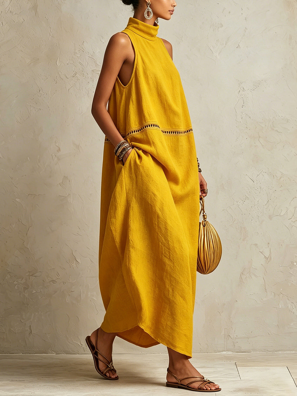 Yellow Sleeveless Maxi Dress With High Neck And Cutout Trim