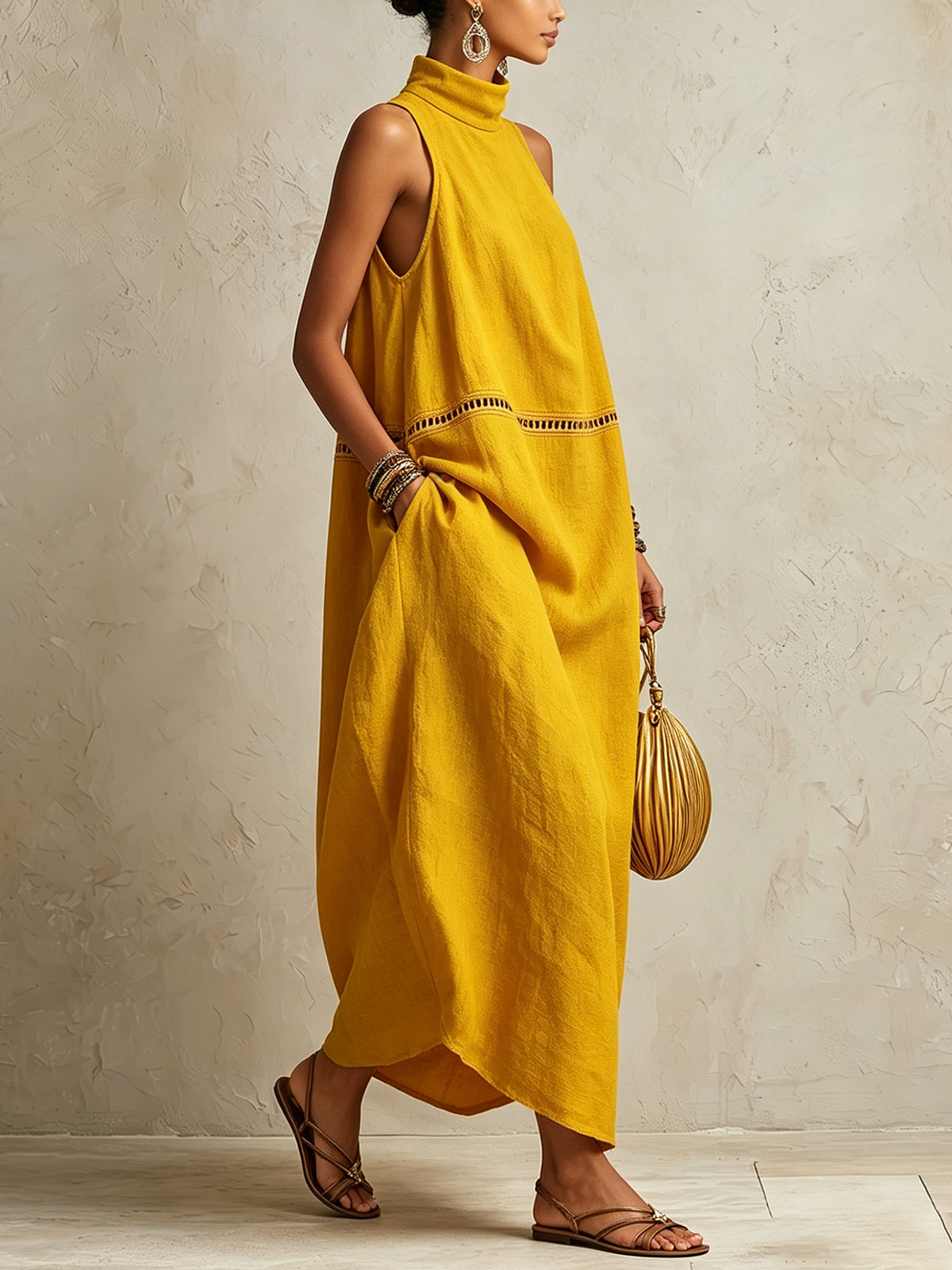 Yellow Sleeveless Maxi Dress With High Neck And Cutout Trim