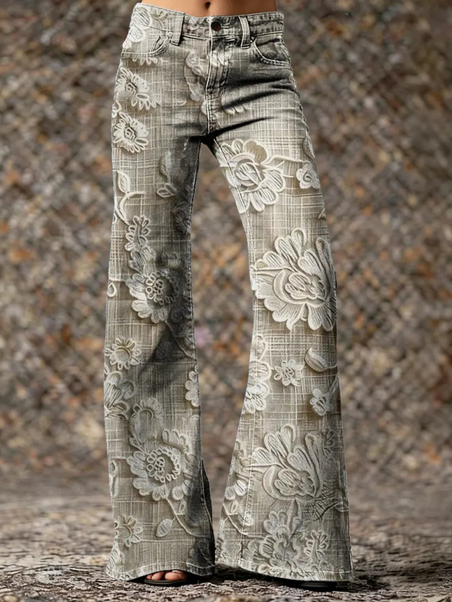 Women's Floral Art Print Casual Washed Cotton  Pants