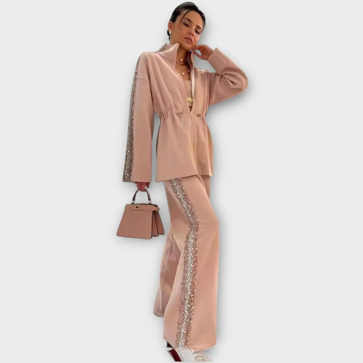 Elegant Sequin-Trim Tailored Set