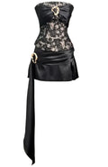Strapless Lace Corset Draped Two Piece Dress Black