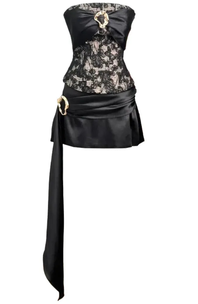 Strapless Lace Corset Draped Two Piece Dress Black