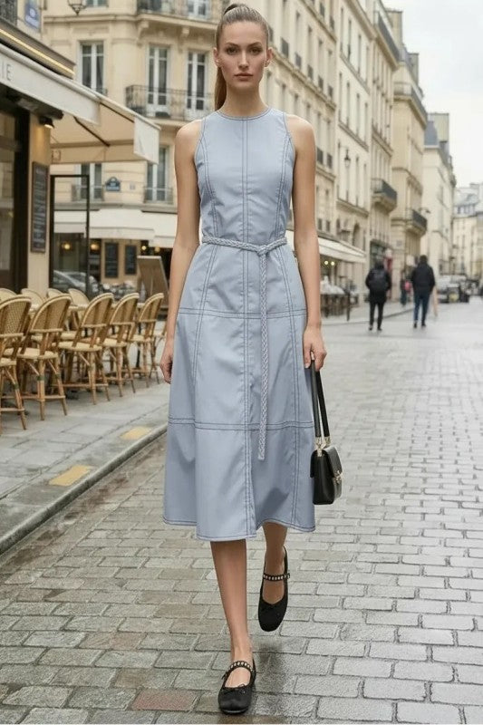 STITCH DETAIL MIDI DRESS W / BELT