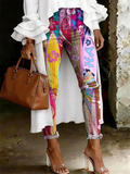 Women's Fashion Casual Multicolor Vacation Surfboard Art Print Ripped Skinny Jeans