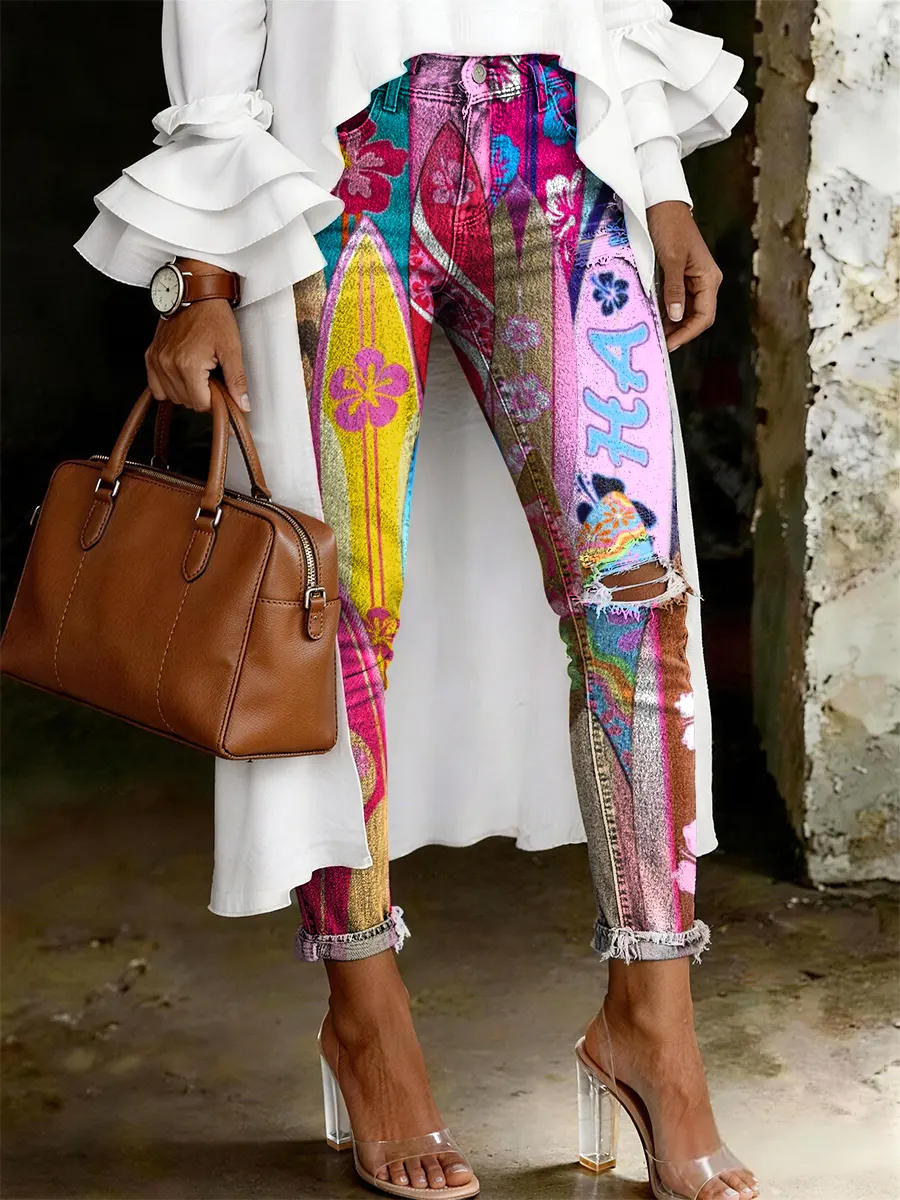 Women's Fashion Casual Multicolor Vacation Surfboard Art Print Ripped Skinny Jeans