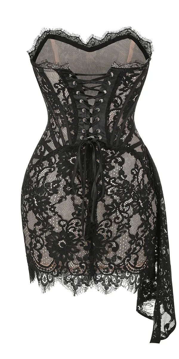 Strapless Lace Draped Corset Dress Black