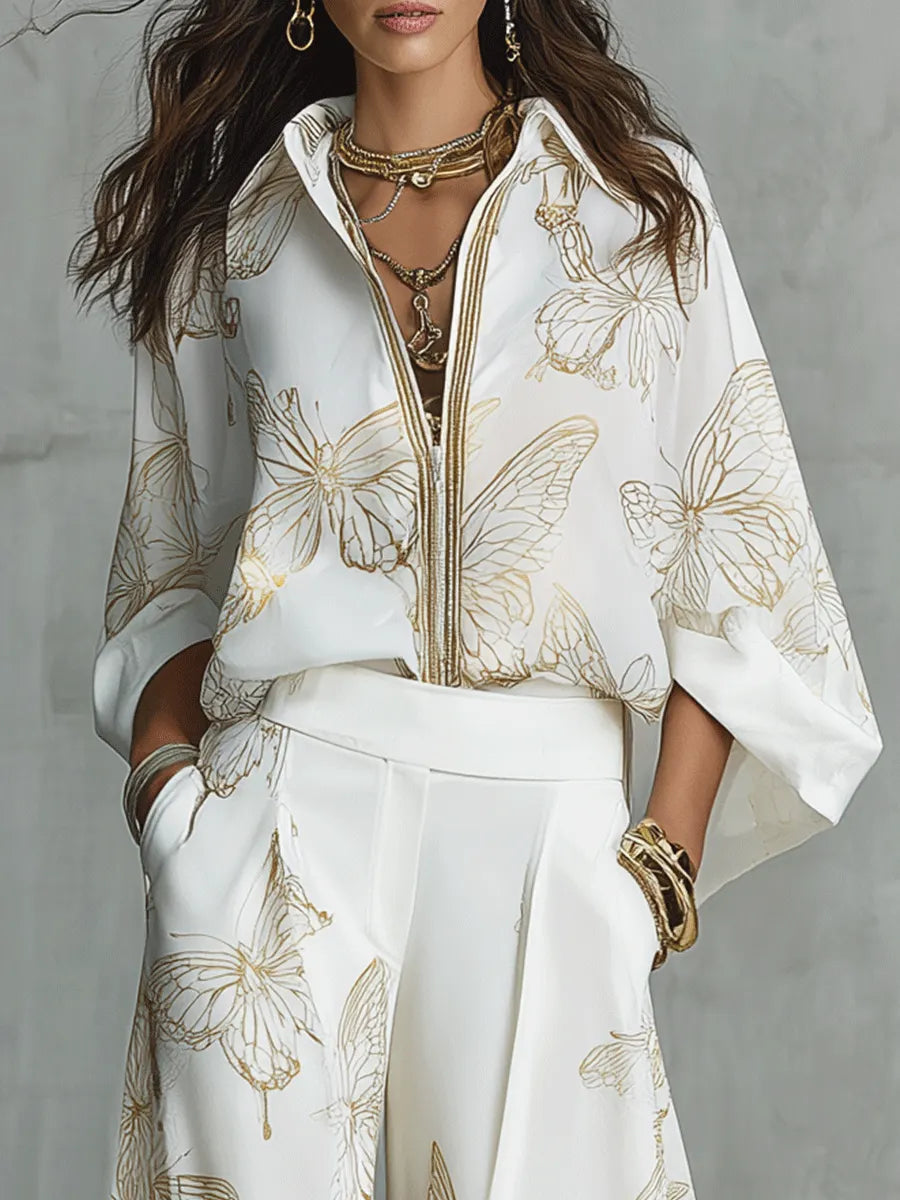 Bohemian Luxe Butterfly Jacquard Blouse & Wide-Leg Pants Set
