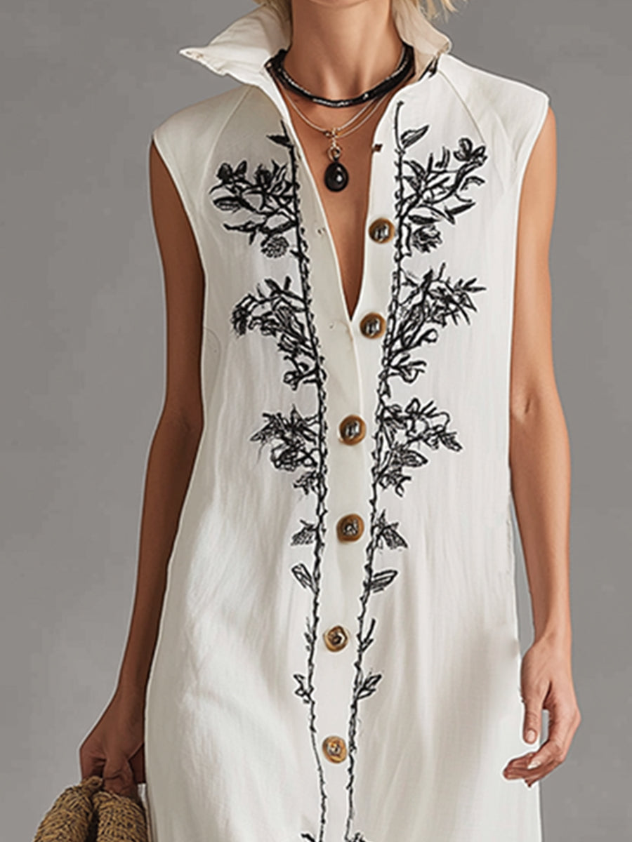 Exquisite Embroidered White Cotton And Linen Collared Button Sleeveless Maxi Dress