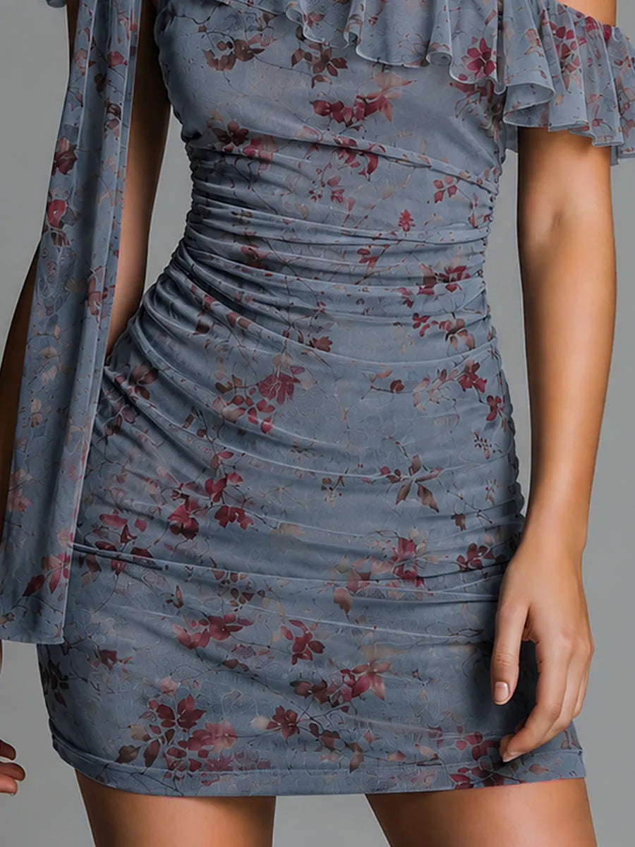 Retro Ruffled One-Shoulder Tie-Strap Mesh Print Mini Dress