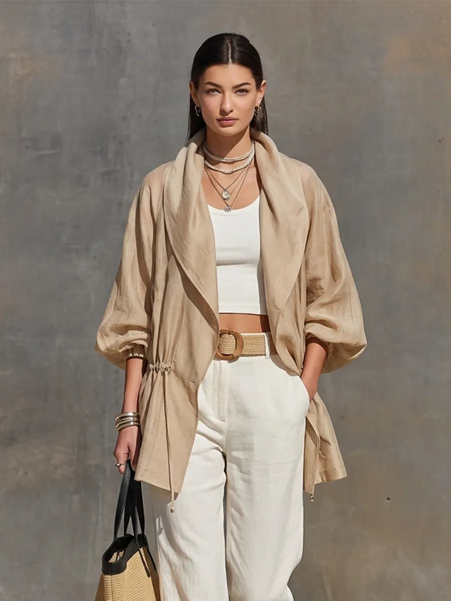 Women's Khaki Linen Blend Sheer Jacket With Lapel Collar Balloon Three Quarter Sleeves & Waist Drawstring, Minimalist Resort Lightweight Oversized Outerwear MDZ2240G0LYL