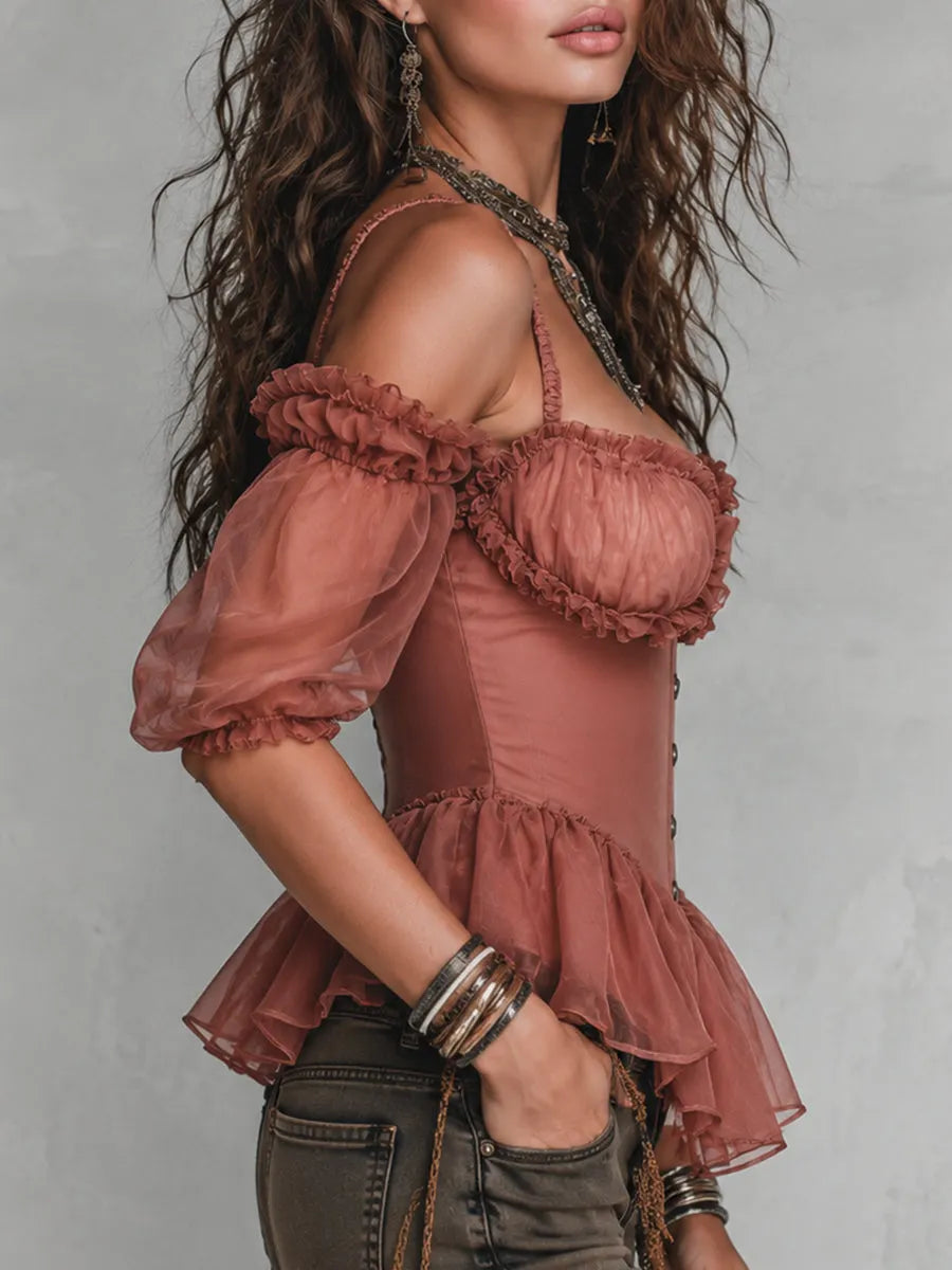 Retro Ruffled Asymmetrical-Hem Off-the-Shoulder Blouse