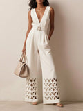 White V-neck Hollow Jumpsuit