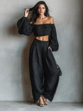 Momocco Elegant Off-Shoulder Puff Sleeve Two-Piece Set - Flowy Wide Leg Pants Resort Wear