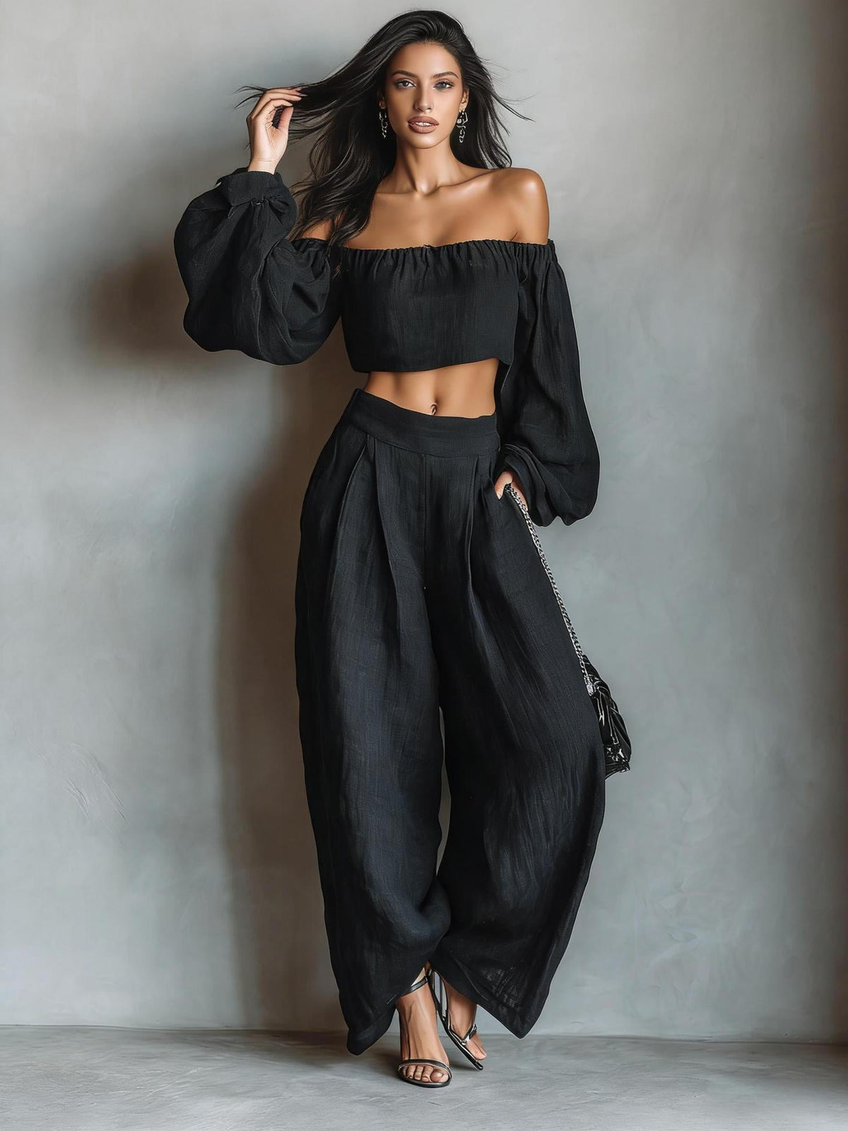 Gurtons Elegant Off-Shoulder Puff Sleeve Two-Piece Set - Flowy Wide Leg Pants Resort Wear