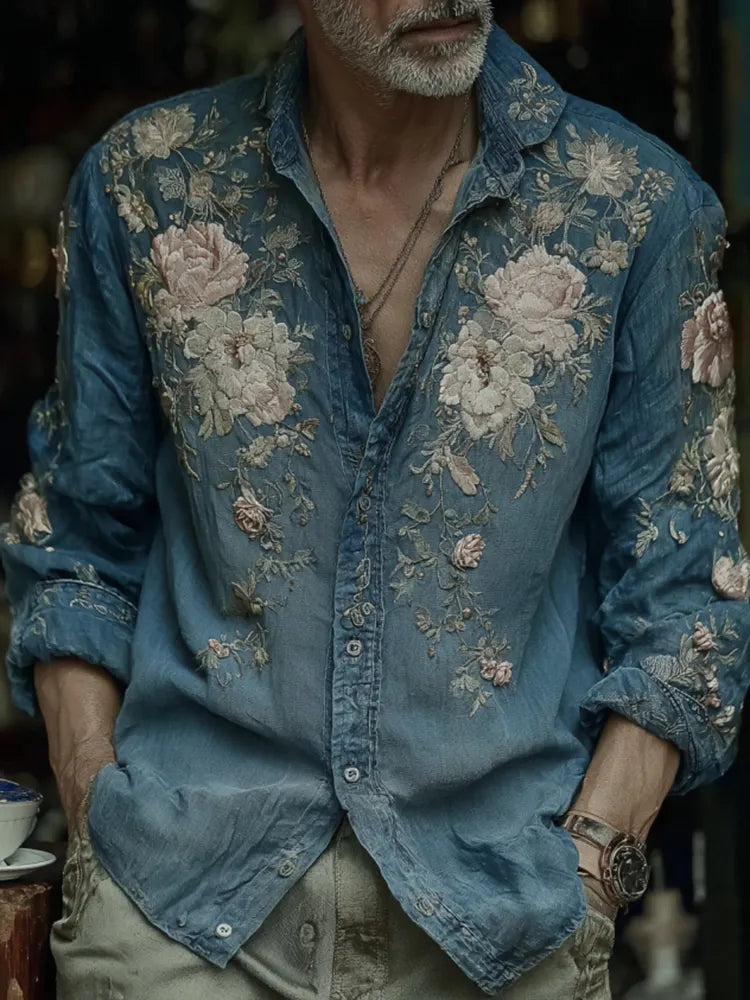 Men's Vintage Japanese Floral Art Casual Button Linen Shirt