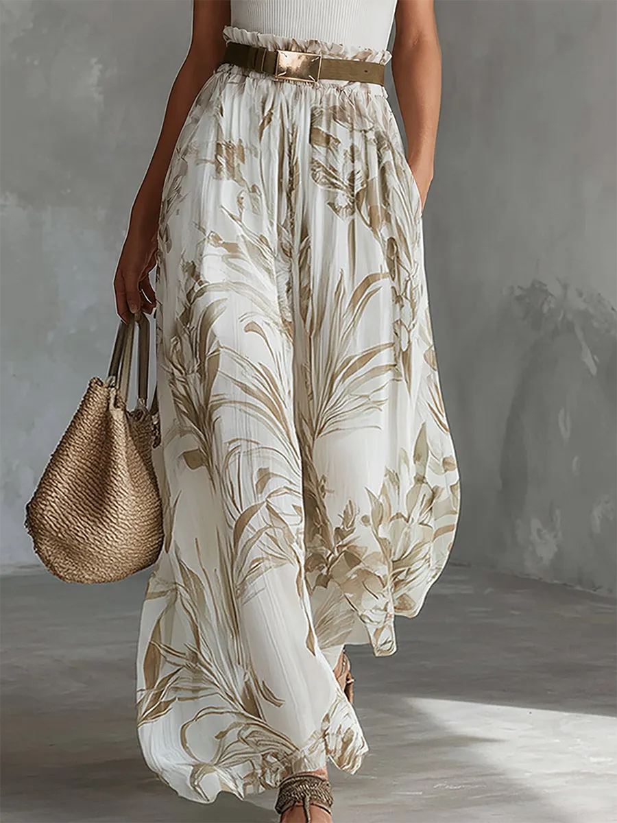 Elegant White  Printed Chiffon Wide-Leg Pants