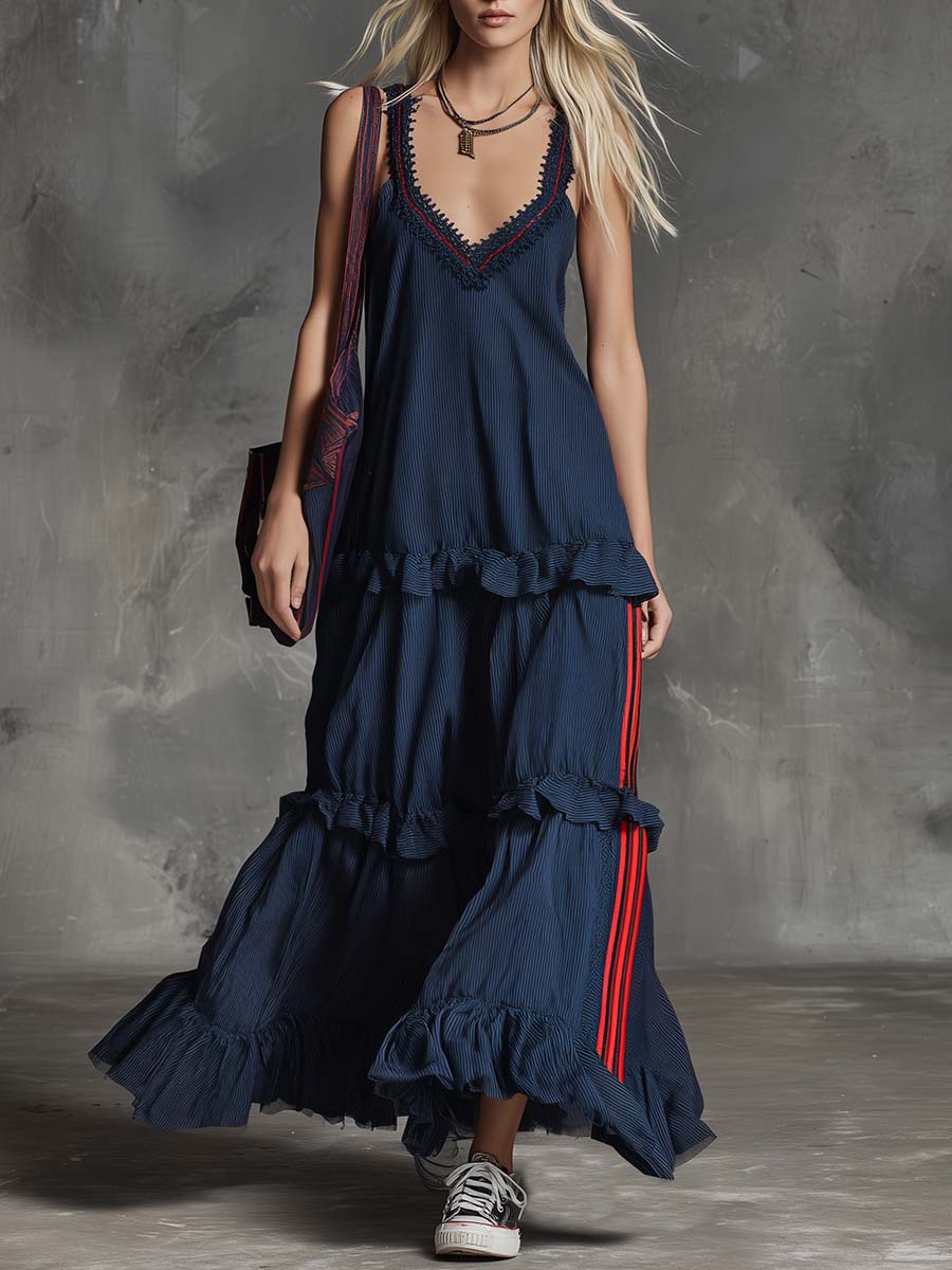 Retro Casual Sporty Lace V-neck Layered Ruffle Hem Dark Blue Striped Maxi Dress