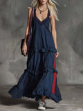 Retro Casual Sporty Lace V-neck Layered Ruffle Hem Dark Blue Striped Maxi Dress