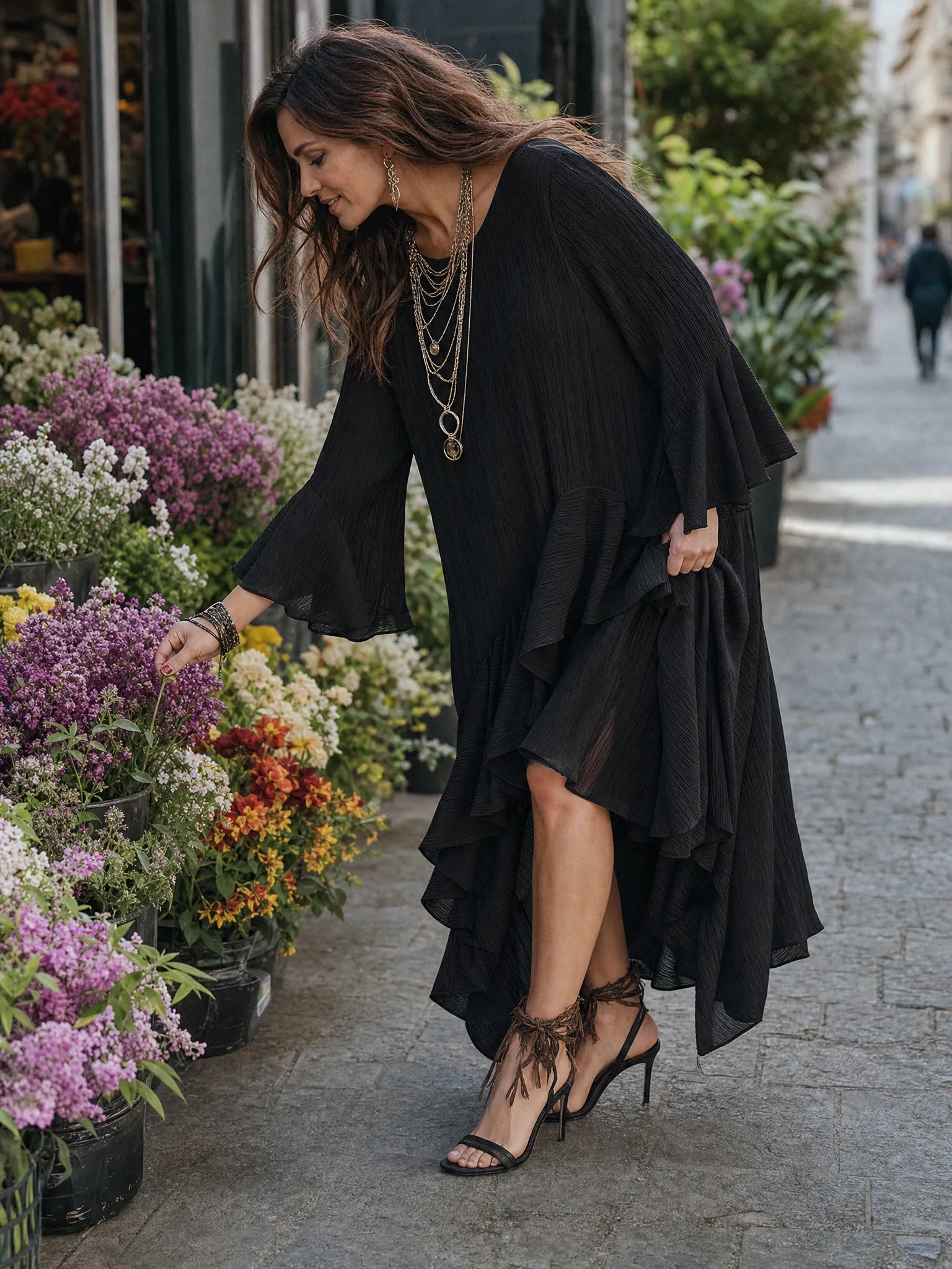Elegant Asymmetric Ruffle Black Boho Midi Dress