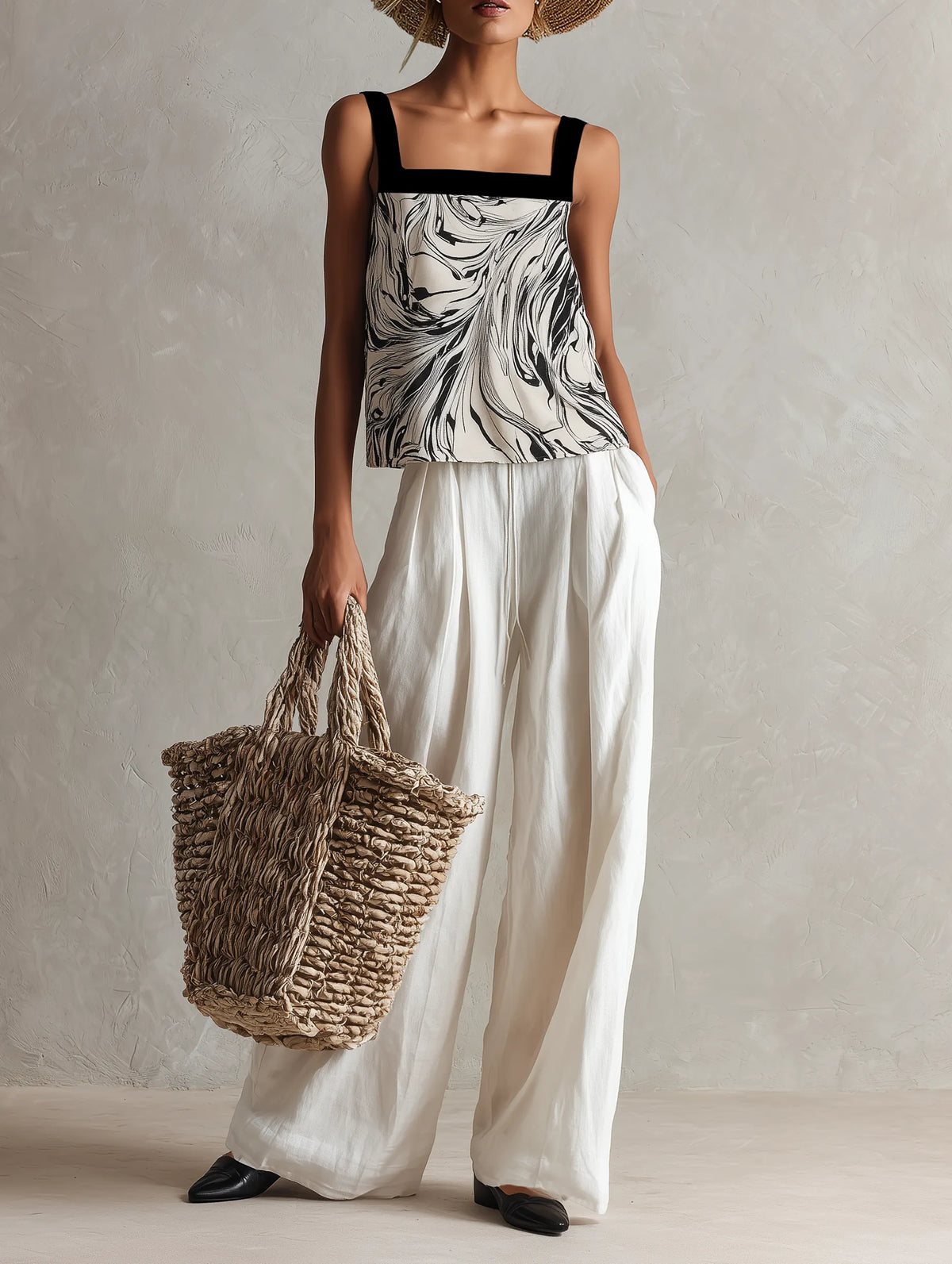 Women's Minimalist Marble-Print Sleeveless Tank Top And Linen-Blend Wide-Leg Pants Set MDZ3064F8WY