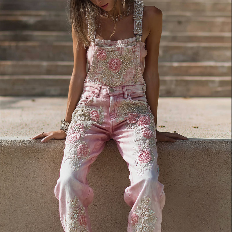 Boho Pink Roses Beaded Embroidered Denim Overall Jumpsuit