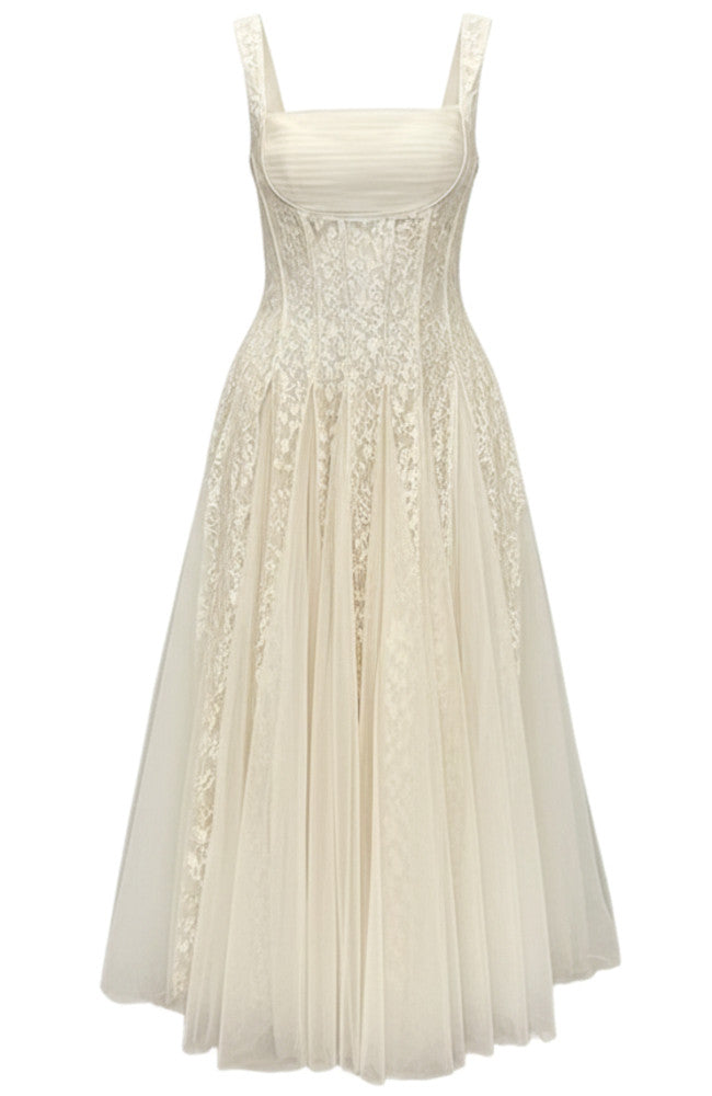 Pleated Bustier Floral A Line Midi Dress Ivory