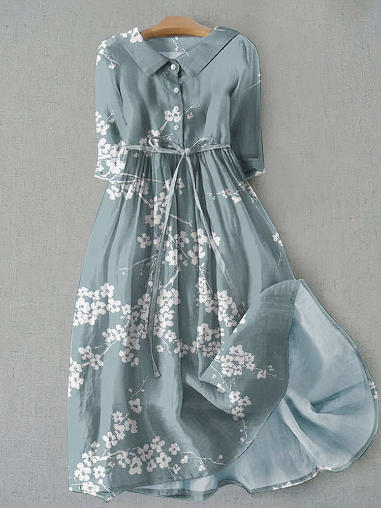 Vintage Cherry Blossom Print Lapel Lace-Up Loose Midi Dress