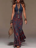 Retro Lace Halter-Neck Floral Fishtail Maxi Dress