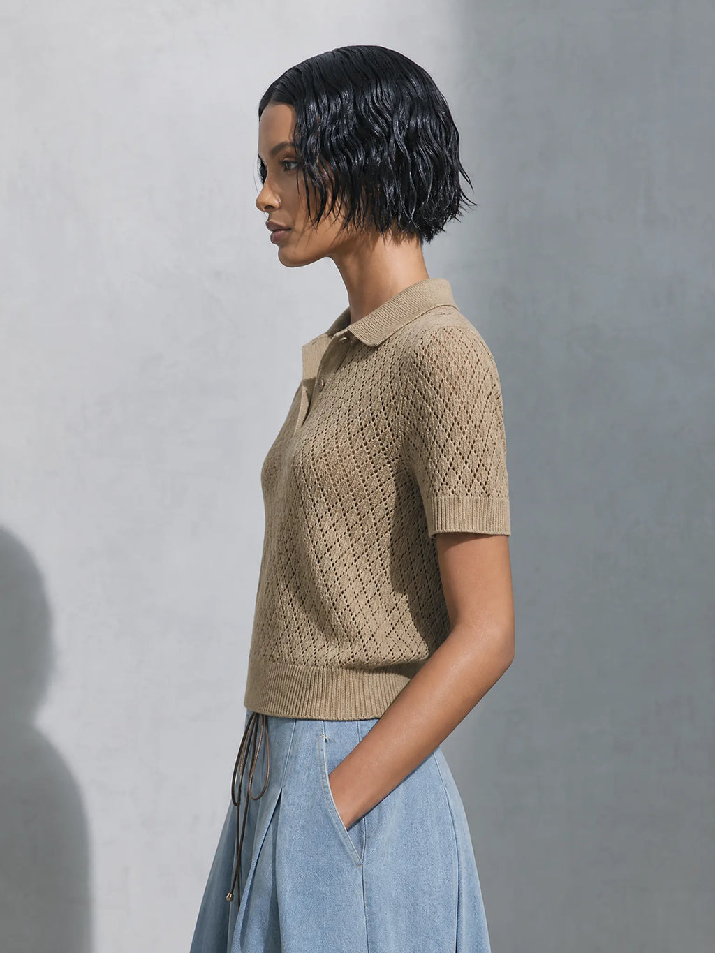 Women's Casual Chic Khaki Open-Knit Polo Short Sleeve Sweater Top MDZ1620G0ZSQ